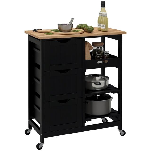 HOMCOM Rolling Kitchen Island Cart, Bar Serving Cart, Compact Trolley Black