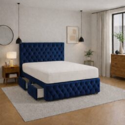 6FT Superking Blue Plush Velvet Divan Bed With Headboard & Footboard and Memory Sprung Mattress No Drawers
