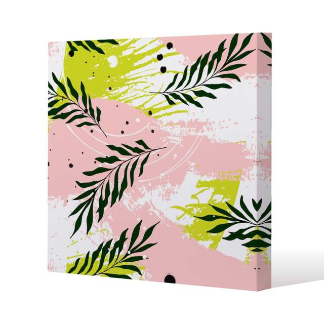 Green Leaves on Brush Strokes (Canvas Print) / 77 x 77 x 4cm Multi