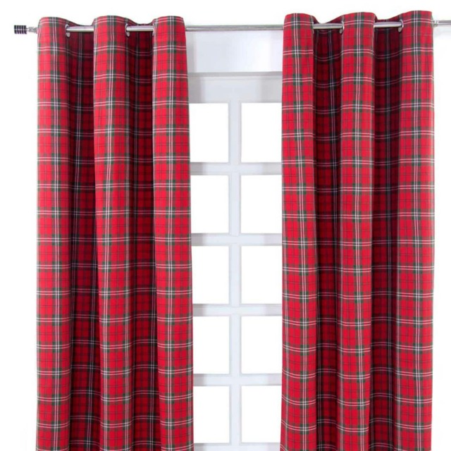 Homescapes Edward Tartan Check Ready Made Eyelet Curtain Pair - 117 x 137 cm Drop Red Red