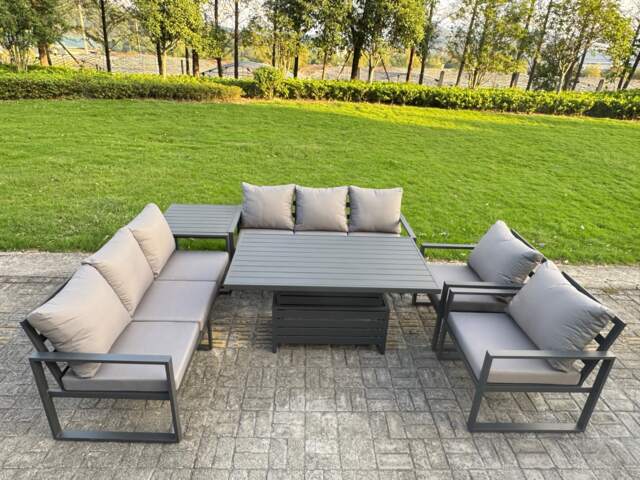 Fimous Garden Aluminium Furniture Set Dark Grey 8 Seater Outdoor Patio Adjustable Rising Lifting Dining Table with 2 Chairs Side Table Dark Grey
