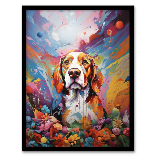 Dog Beagle Pet Portrait Colourful Sky Home Decor Black Framed Wall Art Print A4