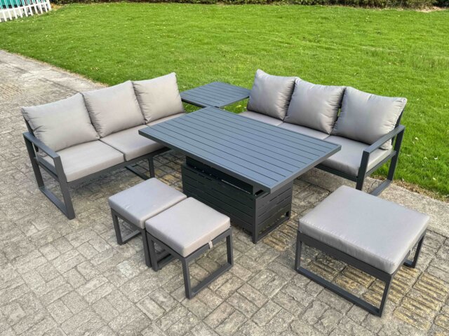 Fimous 7 Pieces Garden Furniture Set Aluminium Adjustable Rising Lifting Dining Table and Sofa Set with Side Table 3 Footstools Dark Grey