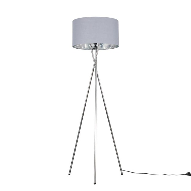 ValueLights Camden Chrome Tripod Floor Lamp Grey Chrome Shade and Bulb