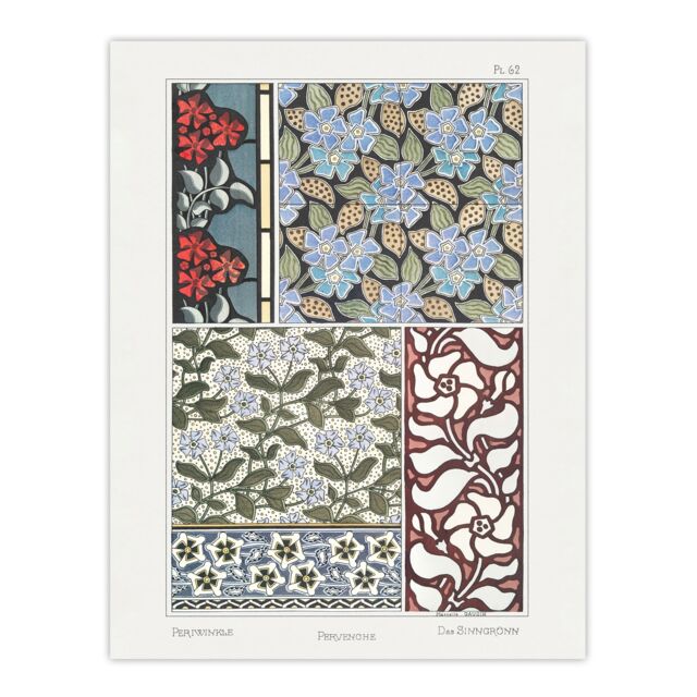 "Periwinkle Flower Pattern Vintage Floral Wall Art Print Verneuil 18x24"""