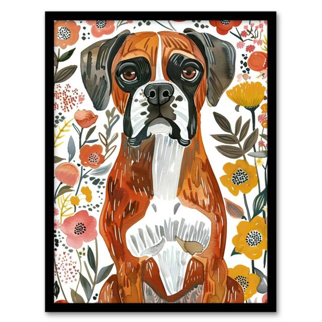 Boxer Dog Lover Watercolour Floral Portrait Black Framed Wall Art Print A4