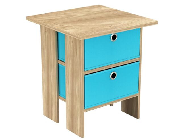 2-Tier 2- Drawer Wooden Side Table Brown Oak & Light Blue 1