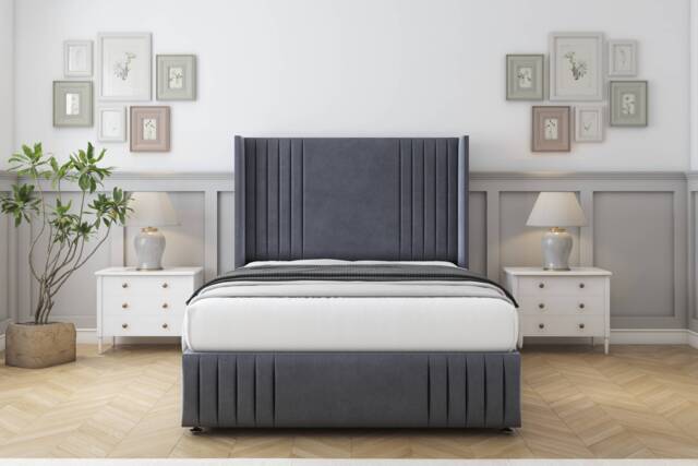 "Sloomy Camden Steel Plush Divan Bed With Mattress 2 Drawers Footend With 54"" Wingback Headboard & 12"" Matching Footboard 6' Super King Grey Steel Super King 1"
