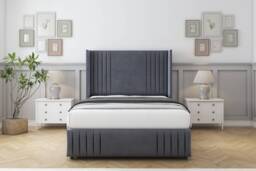 "Sloomy Camden Steel Plush Divan Bed With Mattress 2 Drawers Footend With 54"" Wingback Headboard & 12"" Matching Footboard 6' Super King Grey Steel Super King 1"