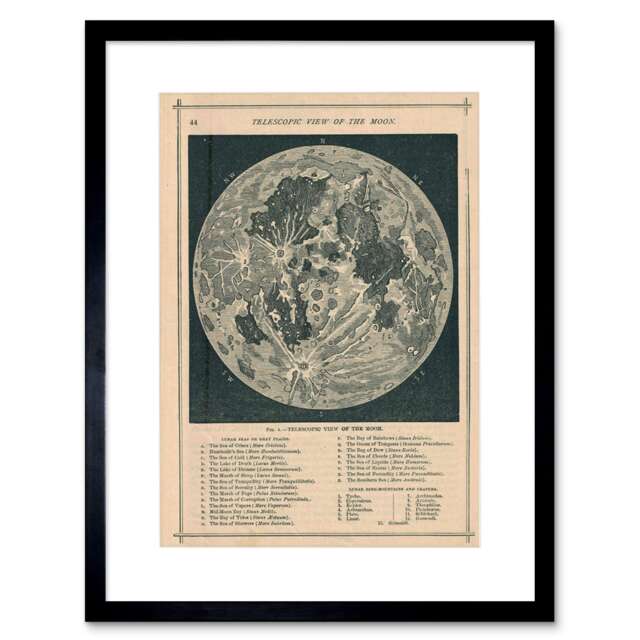 "Map Illustrated Antique Telescopic Moon 12x16"" Framed Wall Art Print"
