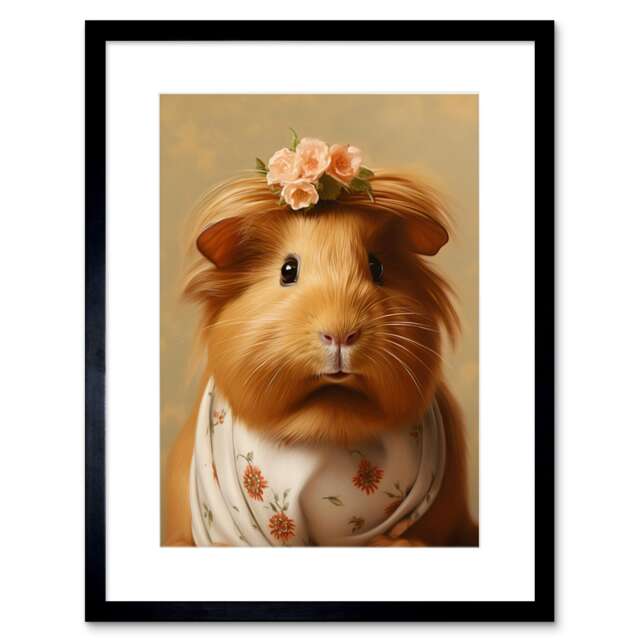 "Cute Dressed Up Guinea Pig Girls Bedroom 9x7"" Black Framed Wall Art Print"