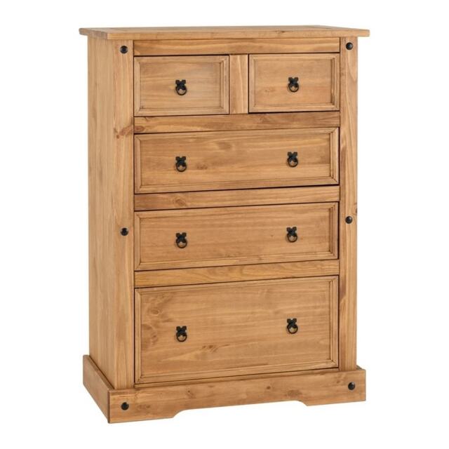 Corona 3+2 Drawer Chest - L48.5 x W92 x H130.5 cm - Distressed Waxed Pine