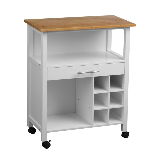 Interiors By Premier Compact Design White and Bamboo Top 1 Drawer Kitchen Trolley, Sturdy Kitchen Trolley For Entertaining Guests