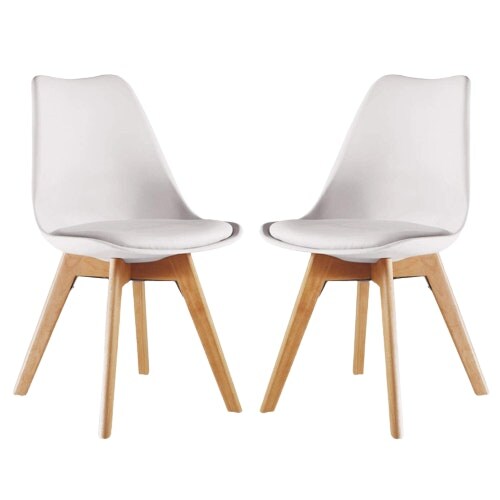 Set of 2 Scandinavian Dining Chairs with Leather Cushions Solid Wood Legs White