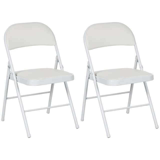 HOMCOM Padded Folding Chairs Set of 2 PU Leather Foldable Chairs with Cushioned Seat and Metal Frame for Home Office Dining Computer Desk Reception Room White