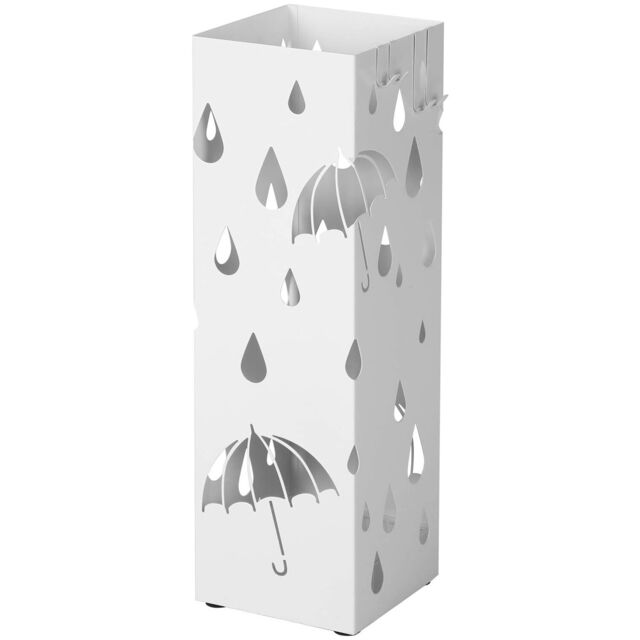 Umbrella Holder with Hooks and Drip Tray, Square Metal Stand for Hallways or Doorways, White