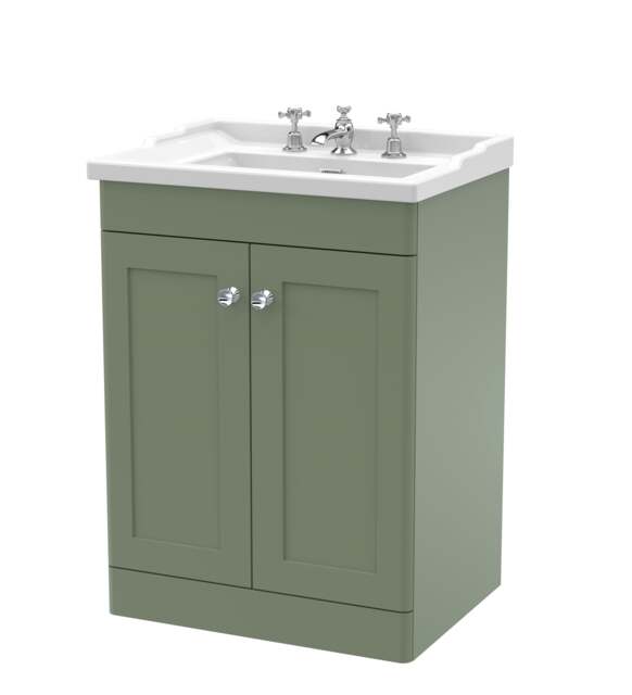 Balterley Swynnerton Traditional 2 Door Floor Standing Vanity Unit with Basin, Satin Green, 600mm