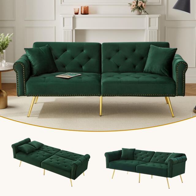 VILUXE 177cm 2 Seater Velvet Sofa Bed with Independent 3-Position Backrests, 150 x 87cm Sleeping Area, Gold-Tone Legs and 2 Cushions, Green