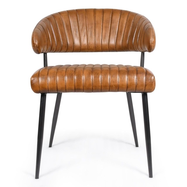 Tan Brown Genuine Real Hide Leather Dining Kitchen Chair Fully Assembled Industrial Vintage Tub Chair with Ribbed Upholstery & Black Metal Legs Rustic Accent Chair for Dining Room, Kitchen, Office & Lounge