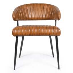 Tan Brown Genuine Real Hide Leather Dining Kitchen Chair Fully Assembled Industrial Vintage Tub Chair with Ribbed Upholstery & Black Metal Legs Rustic Accent Chair for Dining Room, Kitchen, Office & Lounge