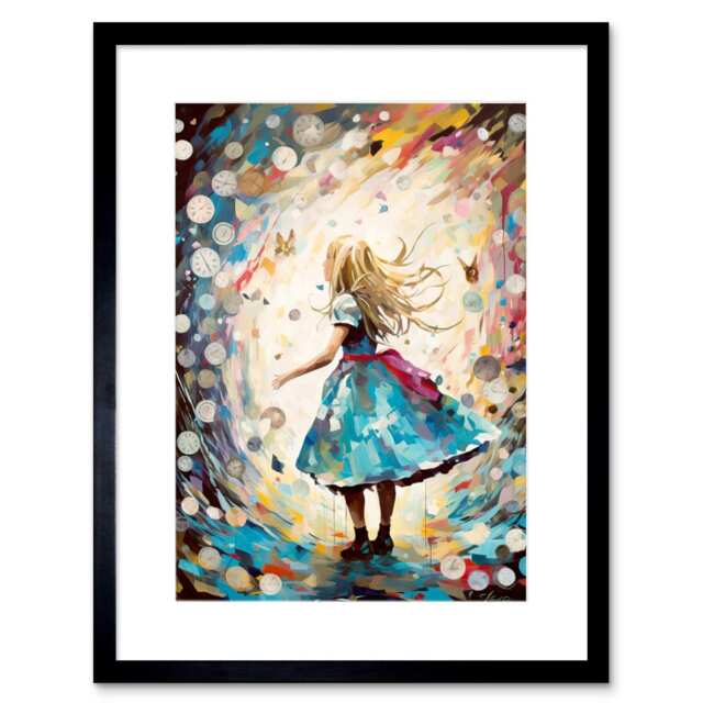 "Alice Wonderland Clocks Down Rabbit Hole 9x7"" Black Framed Wall Art Print"