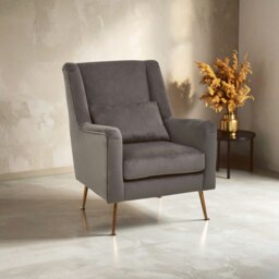 Orsina Grey Velvet Armchair for Lounge, Angular Gold Leg Chair with Velvet Upholstery for Living Room, Home