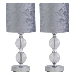 Set of 2 Chrome Two Ball Table Lamp with Grey Crushed Velvet Shades Chrome Grey Medium 2