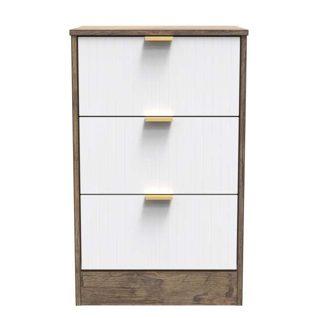Denver 3 Drawer Bedside Cabinet in White Matt & Vintage Oak (Ready Assembled) White White Matt & Vintage Oak