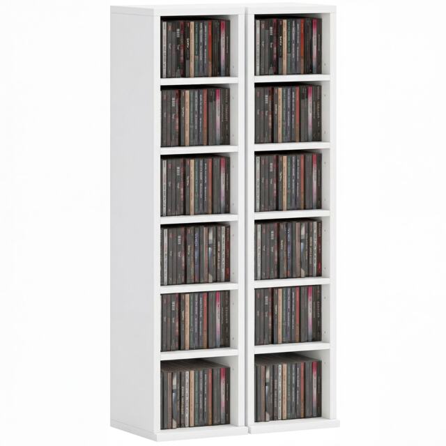 HOMCOM Set of 2 CD Storage Units DVD Shelf with Adjustable Shelves White White 21W x 22.5D x 88.5H cm
