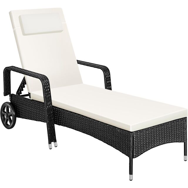 Sun Lounger - 6-position backrest, weather and UV-resistant, soft pillow, two wheels Black black/beige 1