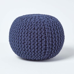 Homescapes Navy Blue Round Cotton Knitted Pouffe Footstool - 35 x 40 cm Blue H 35cm x W 40cm
