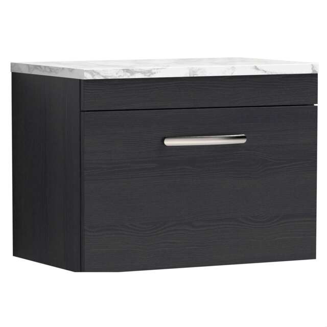 Balterley Millwich Contemporary 1 Drawer Wall Hung Vanity Unit with Laminate Carrara Marble Worktop, Charcoal Black, 600mm