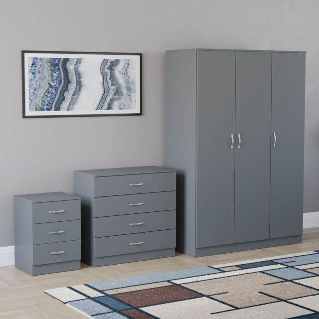 Vida Designs Riano 3 Piece Bedroom Set (3 Drawer Bedside Chest, 4 Drawer Chest, 3 Door Wardrobe) - Grey
