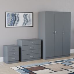 Vida Designs Riano 3 Piece Bedroom Set (3 Drawer Bedside Chest, 4 Drawer Chest, 3 Door Wardrobe) - Grey