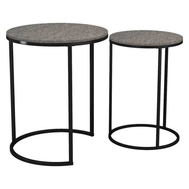 2Pc Round Nesting Stackable Sofa Side Bedside End Table Set Wood Top Metal Legs Multi Black Marble Top with Black Legs