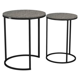 2Pc Round Nesting Stackable Sofa Side Bedside End Table Set Wood Top Metal Legs Multi Black Marble Top with Black Legs