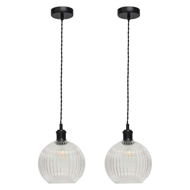 Set of 2 Betchley - Clear Ribbed Glass Globe Black Retro Pendants