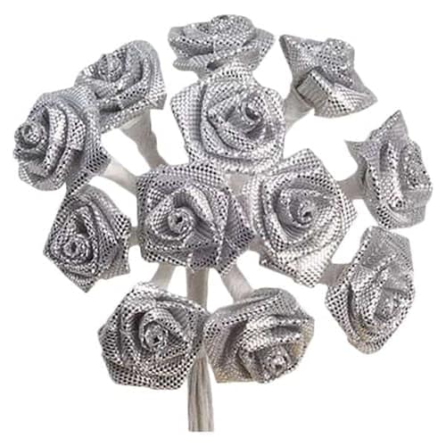 Silver Fabric Ribbon Roses - 12 Bunches of 12