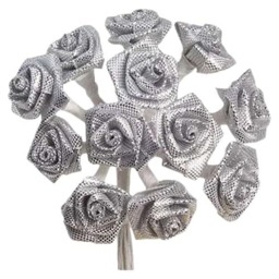 Silver Fabric Ribbon Roses - 12 Bunches of 12