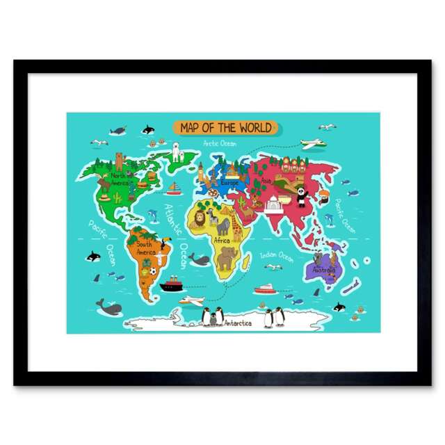 "World Map Animals Kids Bedroom 9x7"" Black Framed Wall Art Print"