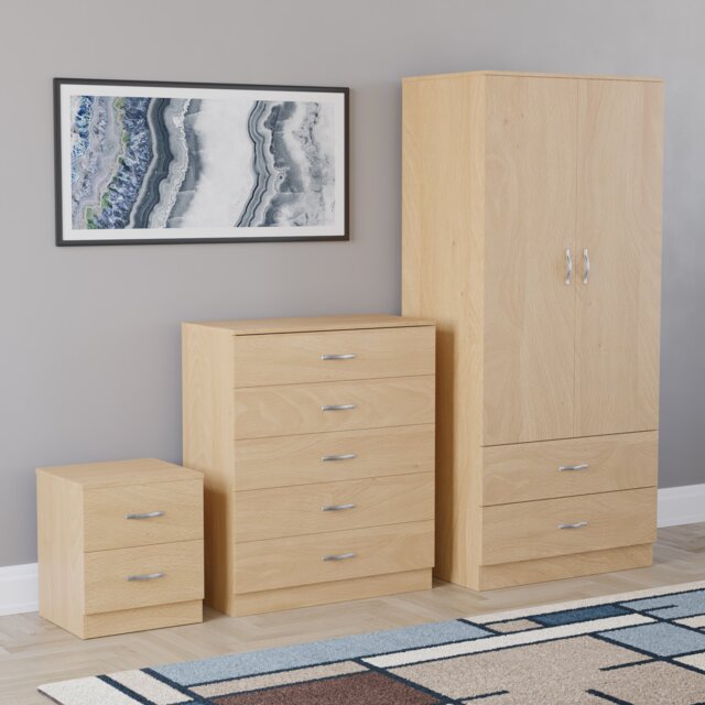 Vida Designs Riano 3 Piece Bedroom Set (2 Drawer Bedside Chest, 5 Drawer Chest, 2 Door 2 Drawer Wardrobe) - Pine