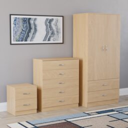 Vida Designs Riano 3 Piece Bedroom Set (2 Drawer Bedside Chest, 5 Drawer Chest, 2 Door 2 Drawer Wardrobe) - Pine