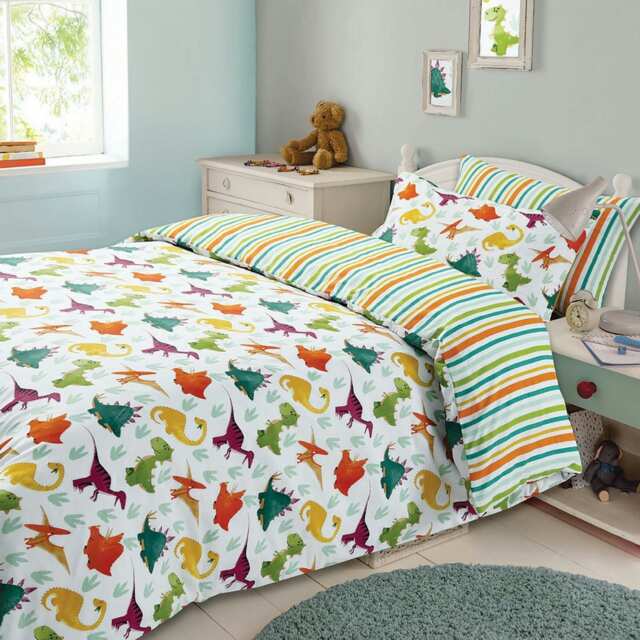 OHS Dino Stripe Reversible Print Duvet Covet and Pillowcase Set, Junior - Multi