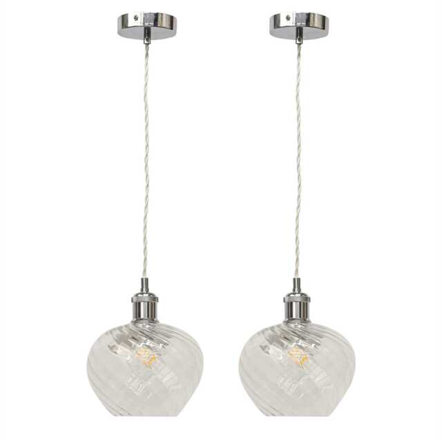 Set of 2 Bradson - Clear Swirl Glass Chrome Retro Pendant Fittings