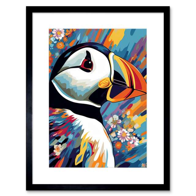 "Puffin Flowers Vibrant Colour Psychedelic Sea Bird 9x7"" Black Framed Wall Art Print"