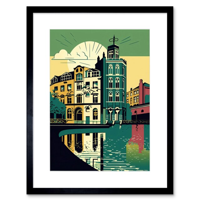 "Abstract Leeds City Architecture Waterfront 9x7"" Black Framed Wall Art Print"