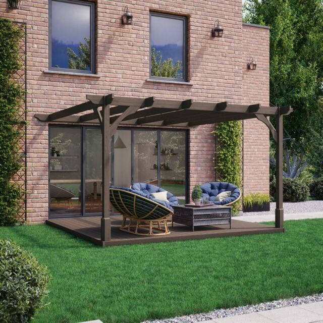 Premium Wall Mounted Pergola and Decking Kit - Wood - L420 x W420 x H270 cm - Rustic Brown