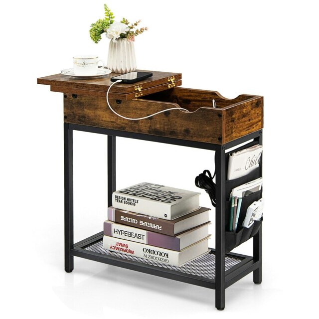 COSTWAY 2-Tier Side Table End Table w/USB Ports & Flip Top Brown