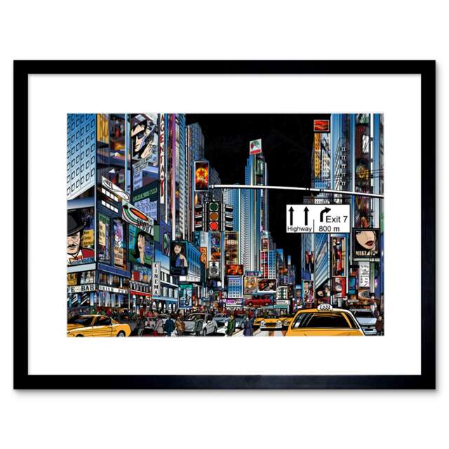 "New York City Times Square At Night Painting 9x7"" Black Framed Wall Art Print"