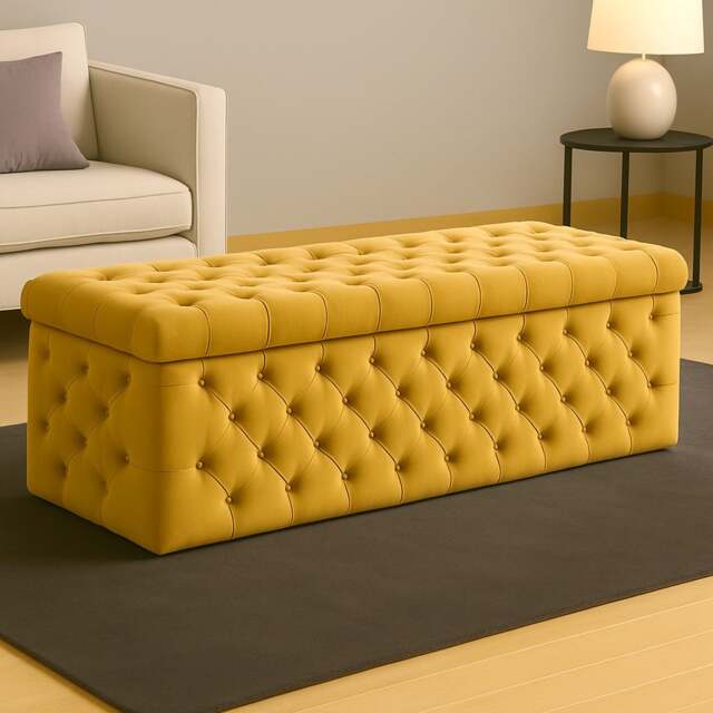 120cm Wide Lux Ottoman Storage Box, Mustard Gold Velvet Upholstered Chesterfield Storage Ottoman Box